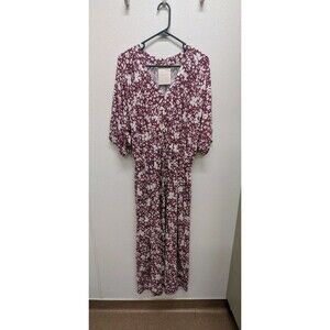 NWT Garnet Hill Large Women Juno Knit Midi Dress Berry Floral Red BURGUNDY